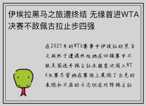 伊埃拉黑马之旅遭终结 无缘首进WTA决赛不敌佩古拉止步四强