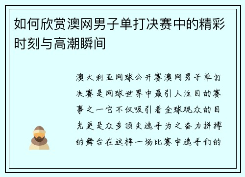 如何欣赏澳网男子单打决赛中的精彩时刻与高潮瞬间