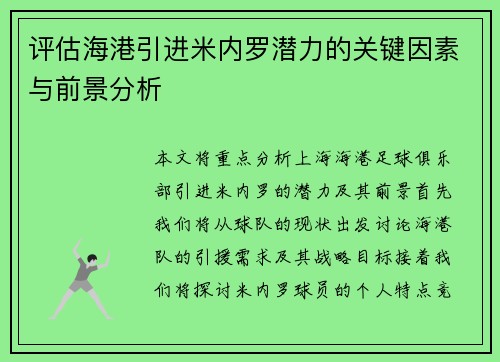 评估海港引进米内罗潜力的关键因素与前景分析