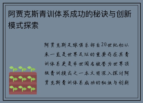 阿贾克斯青训体系成功的秘诀与创新模式探索
