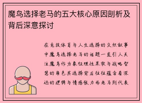 魔鸟选择老马的五大核心原因剖析及背后深意探讨