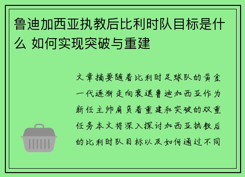 鲁迪加西亚执教后比利时队目标是什么 如何实现突破与重建